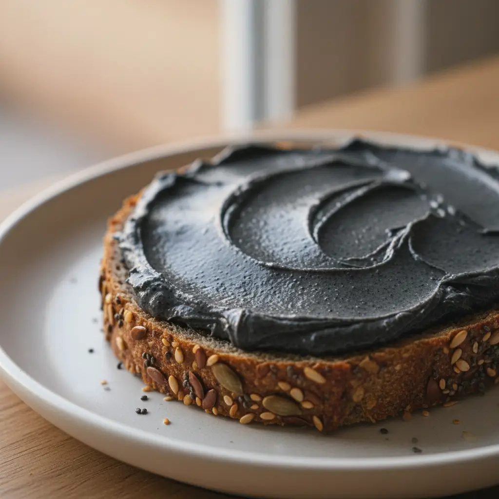 Handcrafted seed bread with deep charcoal black sesame and cashew spread