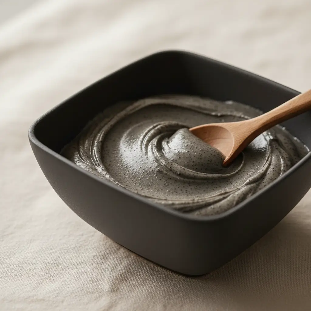 Handcrafted textured charcoal gray black sesame and cashew butter